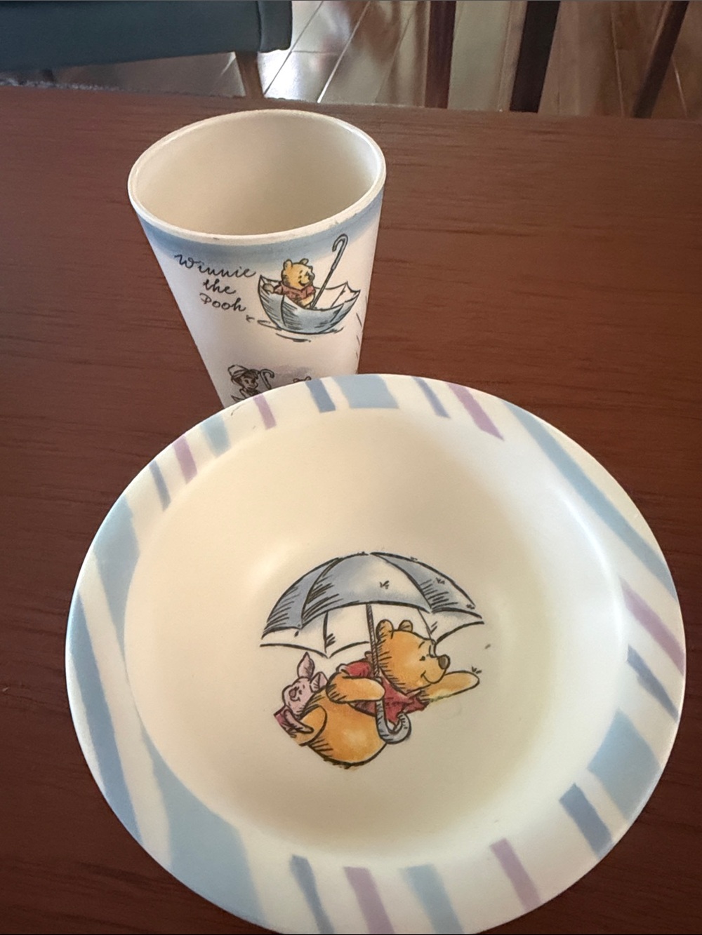 Disney Winnie the Pooh Blue White Purple Kids Bowl & Cup Set